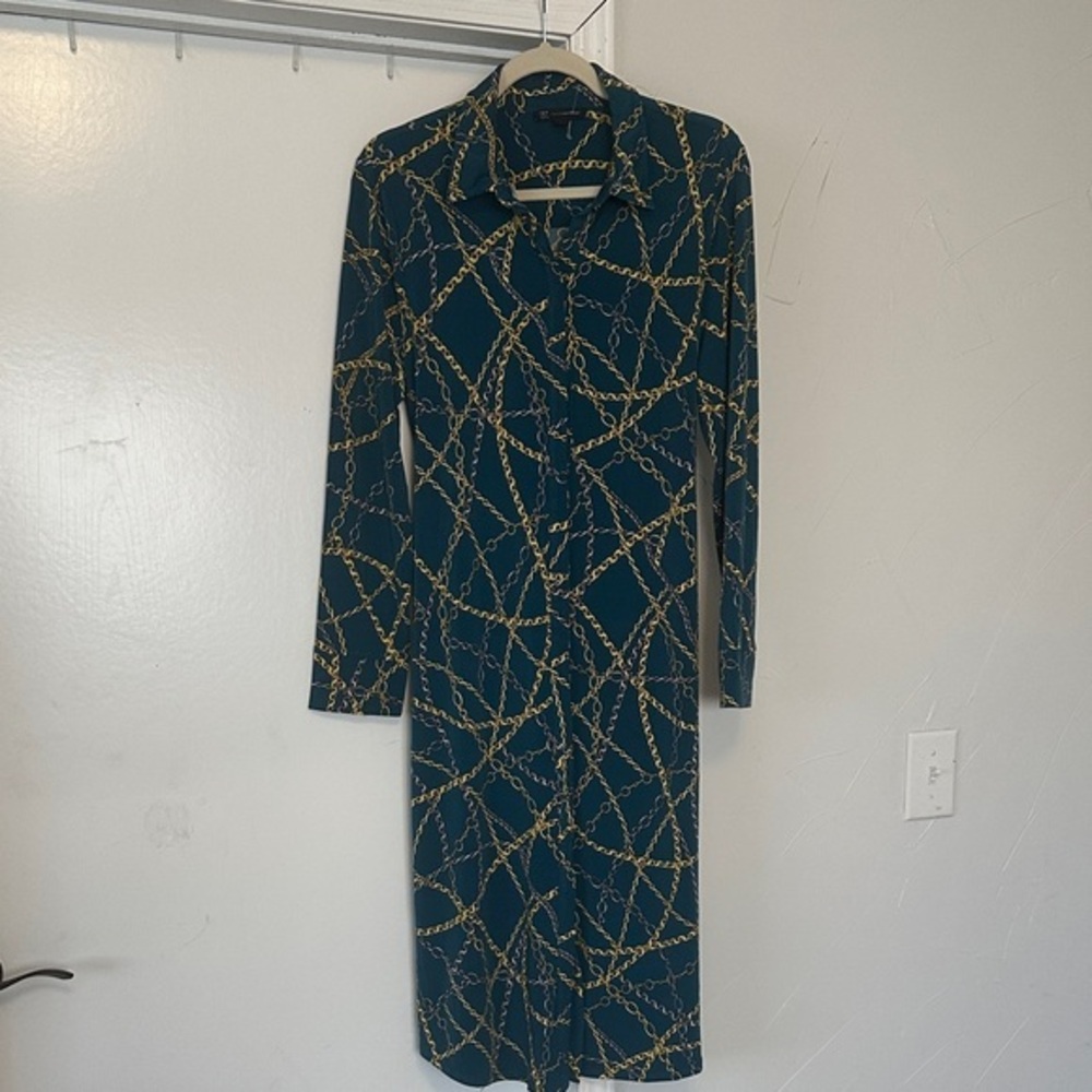 International Concepts Women’s Chain Print Green Midi Dress Belted NWOT L